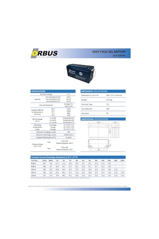 Orbus 12 Volt 150 Amper Jel Akü - Derin Döngü - 12 V 150 Ah Deep Cycle