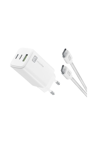 Cellularline Multipower 100 CM 5A Dayanıklı Örgü Usb-C Kablo + 65 W Gan 3 Port Adaptör Beyaz