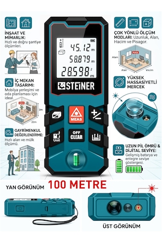 Steiner 100 Metre Su Terazili Uzunluk Alan Hacim Pisagor Ölçüm Cihazı Dijital Mesafe Ölçer Lazer Metre Mavi