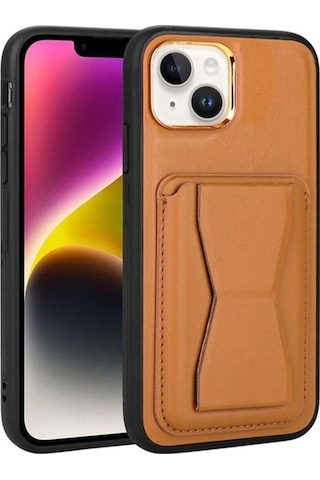 Apple Uyumlu iPhone 14 Kılıf Kartlıklı Standlı Pu Deri Zore Memo Kapak Kahve Açık
