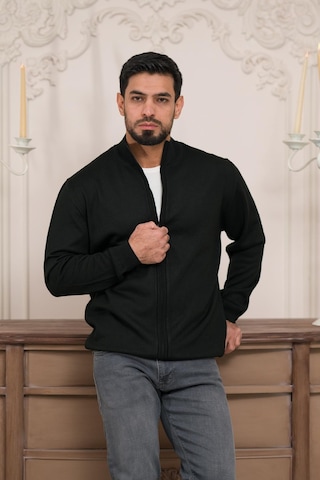 Woolen World Regular Fit Dik Yaka İnce Baharlık Triko Hırka Siyah