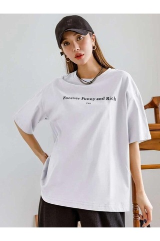 Flood Of Style Kadın Beyaz Funny And Rich Baskılı Oversize T-shirt