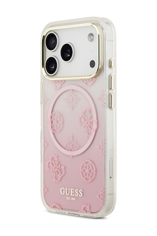 Apple Uyumlu iPhone 17 Pro Kılıf Guess Lisanslı M-safe Özellikli Simli Peony Desenli Silikon Kapak Pembe Pembe