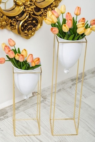 Altın Renkli 2'Li Büyük Ayaklı Vazo, Çiçeklik, Saksılık