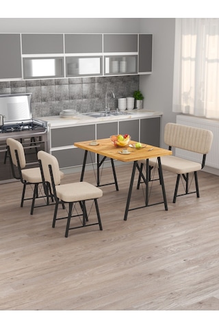 Hayat 70x110 Atlantik Mutfak Masası, Mutfak Masası Takımı, Yemek Masası, 2 Sandalye 1 Bench - Krem Krem