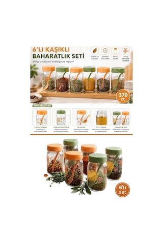 6'lı Kaşıklı Cam Baharatlık Seti, Çiçek Desenli Tuz Biber Nane Kekik Baharat Kavanozu 6x370cc Çok Renkli