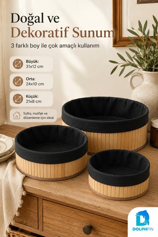 3 Lü Yuvarlak Sepet Seti Kumaş Kaplı Dekoratif Düzenleyici Sepet 31-24-21 Cm Kahverengi - Siyah