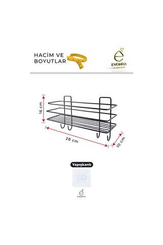 Yapışkanlı Askılı Banyo Rafı Metal Siyah Duş Şampuanlık Organizer Delmeden Montaj Raf