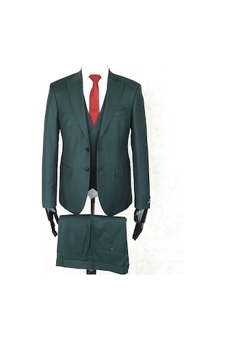 Jan Carlucci Slim Fit Sivri Yaka-çift Yırtmaç Koyu Yeşil Drop 6 Yelekli Takım Elbise Yeşil
