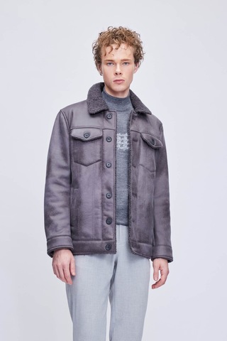 Hatemoğlu Gri Slim Fit Bebe Yaka Deri Mont