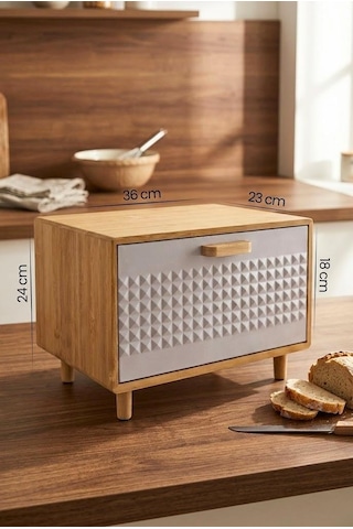 Bambu Gövdeli Gri Pane Ekmek Dolabı 36x23x24 Cm - Demonte Ayaklı Tezgah Üstü Ekmeklik