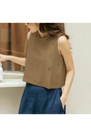 Vonda Kadın Yaz Yuvarlak Yaka Kolsuz Düğmeli Düz Renk Günlük Tank Haki