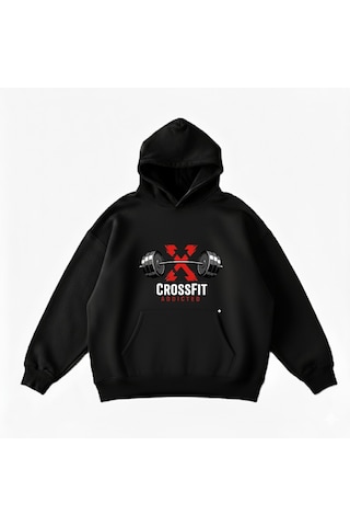 Maki Home Makiteks Siyah Pamuklu Unisex Kanguru Cepli Kapüşonlu Rahat Kesim Crossfit Baskılı Sweatshirt Siyah Xl