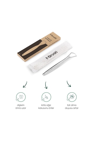 Tbrush Kremrengi Beyaz Bambu Diş Fırçası - Medium Paslanmaz Çelik Dil Temizleyici Diş Fırçası Kabı