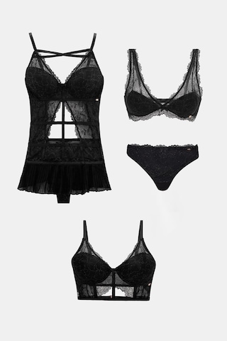 Roma Siyah 4'lü Dantelli Sütyen, Babydoll, Külot Çeyiz Seti Siyah