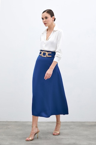 Sateen Bel Aksesuarlı Saten Krep Etek - Sax Mavi-135690 Saks Mavi