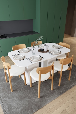 Modern Dolaplı 6 Kişilik Mutfak Yemek Masası Ve Sandalye %100 Mdf Mutfak Yemek Odası Masası Takımı Ymt06 Beyaz
