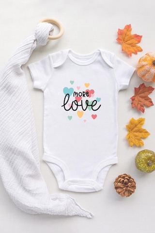 Organik %100 Pamuk Kısa Kollu Beyaz More Love Bebek Body Bebek Badi Çıtçıtlı Zıbın Beyaz