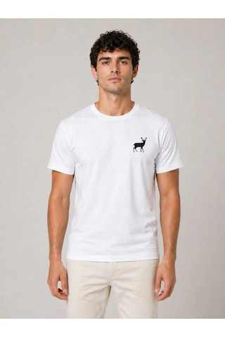 Mzpkartan Erkek Minimal Geyik Logolu Tişört Bisiklet Yaka Kısa Kol Yazlık T-shirt - Beyaz Çok Renkli