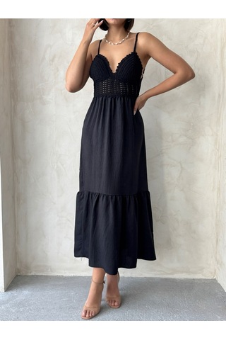 Verymoda Keten Görünümlü Askılı V Yaka Boydan Elbise I D2328 D2328 Siyah