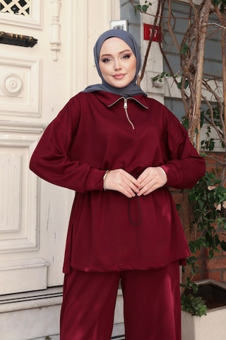 Balenbi Kadın Oversize Kesim Fermuarlı Yaka Bel Stoperli Modal Takım 1234 Bordo