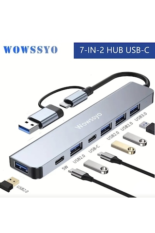 Wowssyo 7'nin 2'si Usb 3.0/usb 2.0/type-c/ Çoğaltıcı Hub Çoklayıcı Ce Sertifikalı Lisanslı 7 Port Hızlı Sağlam Metal