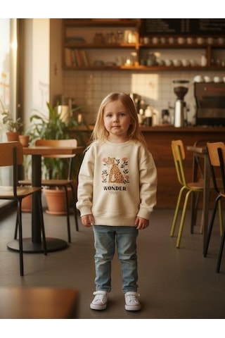 Kız Çocuk Leopar Desenli Sweatshirt-16344 KREM