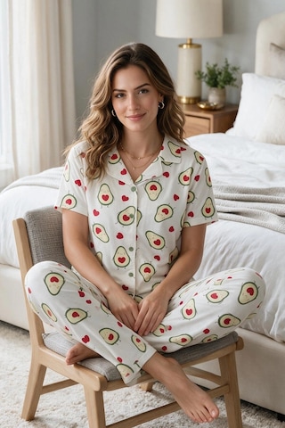 Northcity Avokado Desenli Kısa Kollu Gömlek Yaka Milan Kumaş Kadın Pijama Takımı Renkli