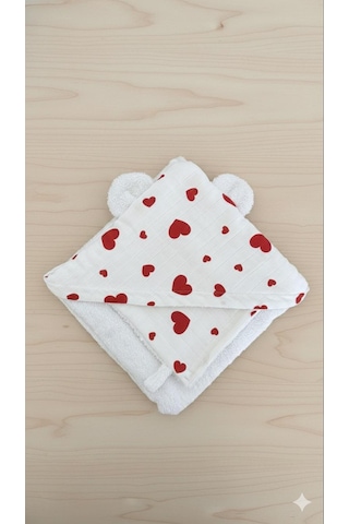 Heianmono Kundak Bebek Banyo Havlusu Dışı Müslin İçi Havlu (%100 Pamuk) (75x75 Cm) (Kalpli) (0 - 24 Ay)