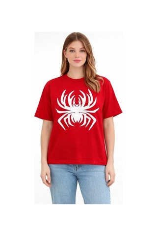 Defymoda Örümcek Baskılı Tişört Kısa Kollu Bisiklet Yaka T-shirt - Kırmızı