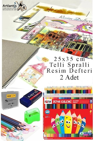 36 Renk Kuru Boya Fatih 25x35 Cm Telli Spralli Resim Defteri Hamur Silgi Kalemtraş 15 Yaprak Resim Defteri Kuruboya Çok Renkli