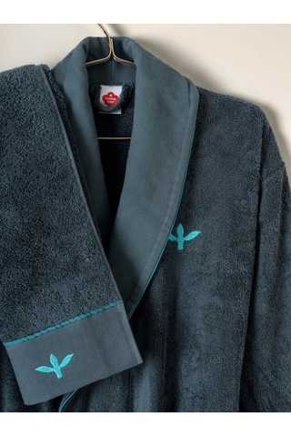 Cotton Box Puff Nakışlı Aile Bornoz Seti Gala Bej- Petrol Petrol