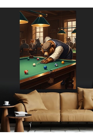 Ahşap Tablo Bilardo Masasında Düşünen Ayı Figürü