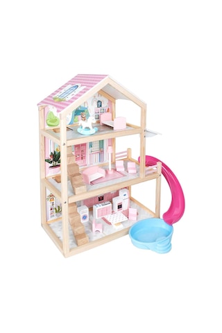 Pembe Ahşap Kaydıraklı Oyun Evi, Ahşap Oyun Evi, Çocuk Halısı T2010