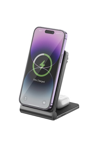 Magtrio 3in1 Katlanabilir 15w Telefon Saat Apple Uyumlu AirPods Masaüstü Hızlı Şarj Standı - Koyu Gri