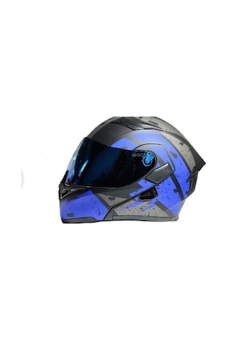Renkli Cam + Jk 902 Çene Açılır Güneş Vizörlü Kask Mat Mavi
