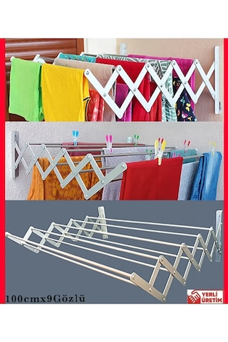 Ecm Proger Akordiyon Katlanabilir Çamaşır Kurutma Askısı - 100 Cm Genişlik 9 Çubuklu Model Açık Gri