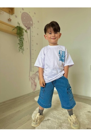 Miniko Kids Erkek Çocuk Kot Cep Kapri Modelli Pamuk Şortlu Takım Beyaz