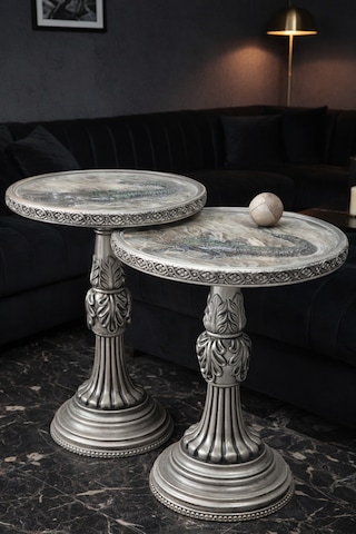 Timsah Figürlü Polyester Döküm Sehpa İkili Set Gümüş Antik Gümüş