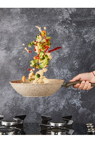 Creamy 28 Cm Granit Wok Tava Krem