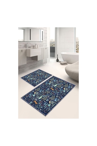 Modern Desenli Baskılı Kaymaz Taban 2li Set Banyo Paspası Klozet Takımı 50x60cm-60x100cm lacivert