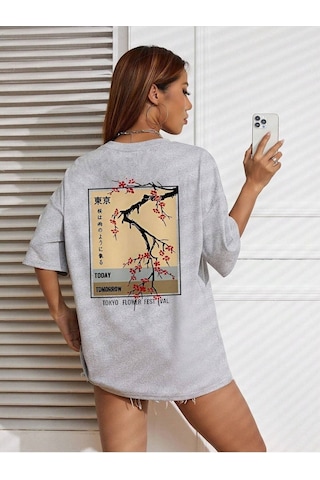 Flower Festival T-shirt - Gri Baskılı Oversize Bisiklet Yaka Kısa Kol Gri