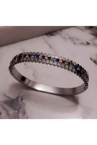 Giftworld Çelik Silver Taşlı Kelepçe Bileklik