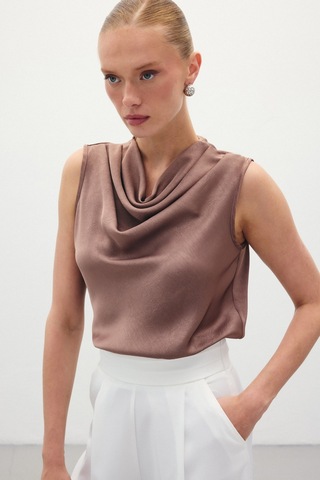 Sateen Degaje Yaka Saten Bluz - Kahve-136069 Kahve