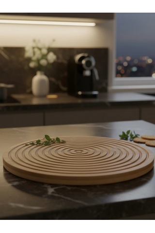 Mybru Bambu Yuvarlak Şeritli Sunum Tabağı Servis Tabağı 28 Cm Kahverengi