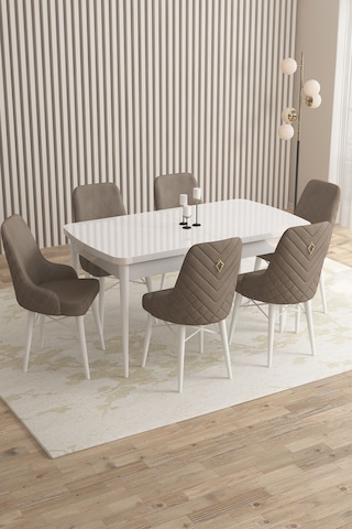 Mazaka Beyaz 80x132 Açılabilir Mdf Masa Yemek Odası Takımı, Mutfak Takımı 6 Adet Sandalye Cappucino