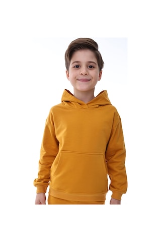 Basic Kapüşonlu Şardonlu Kanguru Cep Detaylı Çocuk Sweatshirt 3-10 Yaş Ekru Hardal