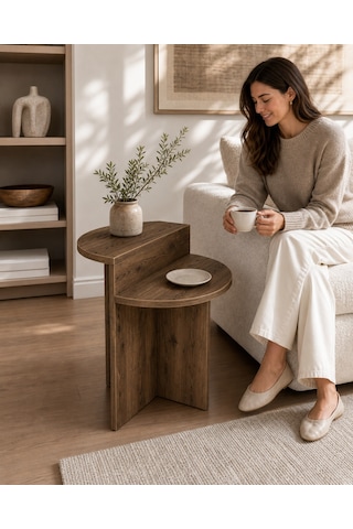 Luna Yan Sehpa Oval Hatlı Ahşap