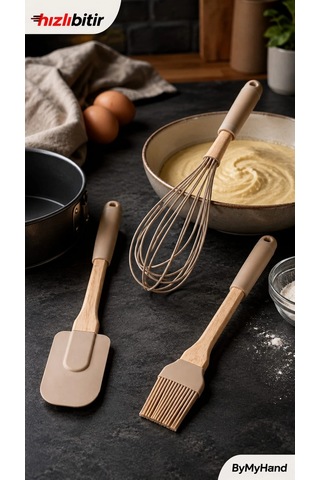 Bymyhand Ahşap Saplı Slikon Uçlu Mutfak Ve Pasta Yapım Hazırlık 3'lü Set Karışık