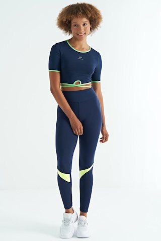 Tommy Life İndigo Bel Bağlama Detaylı O Yaka Standart Kalıp Dalgıç Kumaş Kadın Crop T-shirt - 97266 Indigo